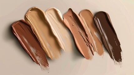 Different samples of make up of liquid foundation or concealer with vary skin tones. Beauty product swatches background