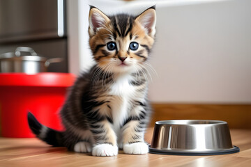 A cute tabby kitten sits beside an empty metal food bowl on a wood floor.