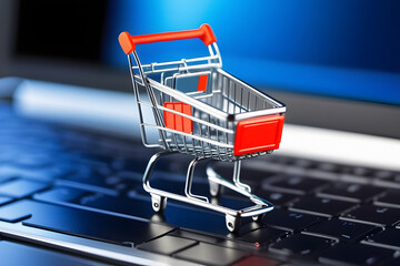Shopping cart on laptop keyboard with blue background for online shopping concept