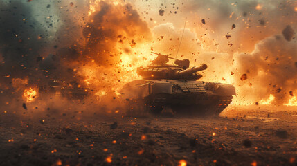 A armored tank shooting off a battlefield in a war - obrazy, fototapety, plakaty