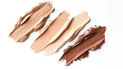 Different samples of make up of liquid foundation or concealer with vary skin tones isolated on white background. Beauty product swatches