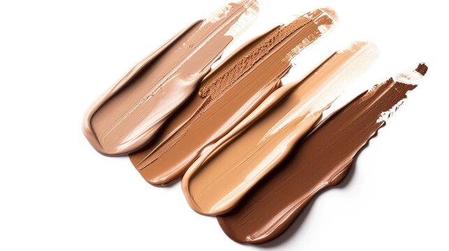 Different samples of make up of liquid foundation or concealer with vary skin tones isolated on white background. Beauty product swatches