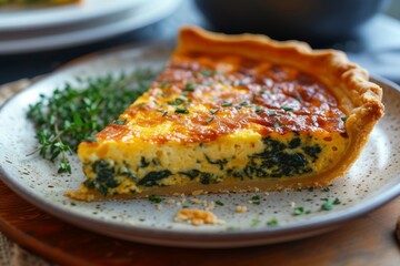 Flaky, golden-brown quiche, filled with spinach, cheese, and savory herbs.