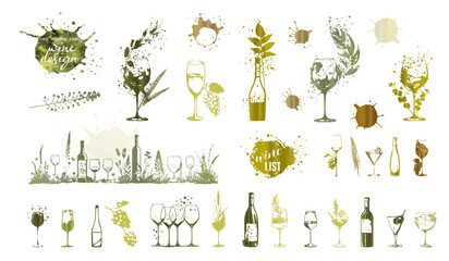 Colorful wine designs - Collection of wine glasses. Sketch vector illustration. Elements for invitation cards, advertising banners and menus. Wine glasses with splashing wine and plants.