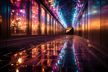 Futuristic corridor in the city at night. Abstract background.
