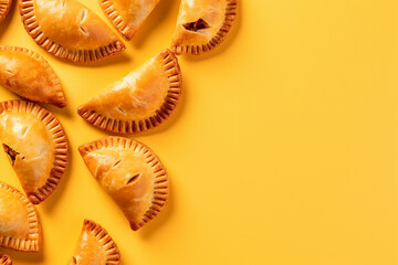 Golden pastries on a bright yellow background.