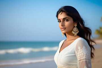 Portrait of a beautiful Indian woman in traditional clothing standing on a beach.