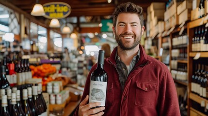 Wine merchant showcasing a bottle of red wine in the middle of his traditional and rustic shop