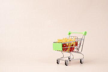 Italian food in grocery cart, traditional cuisine, natural background, supermarket purchase