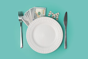 expensive and cheap restaurant, tips in a cafe, big and small money with a plate on a green background, rising food prices, taxes and inflation