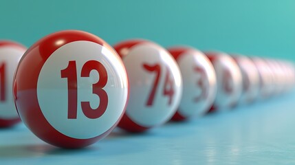 Close up of white lottery balls on pastel background, with focus on lucky number 13 - obrazy, fototapety, plakaty