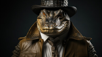 A crocodile in a businessman's suit, illustrating how business, like the wild world, is won by the strongest, generative AI