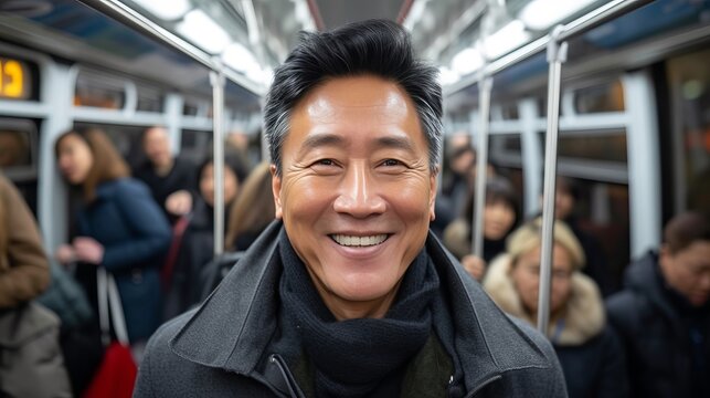 Happy Asian Businessman Commuting By Bus To Reduce Air Pollution, Public Transportation For Work