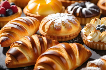 Freshly baked croissants and other pastries on a dark slate board.