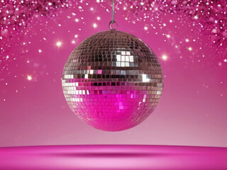 Fototapeta premium Sparkling disco ball on a bright pink background. Glare, reflections and neon light, fuchsia. Disco, party.