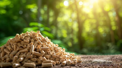Stacked biomass wood pellets pile with blurred background and copy space for text placement