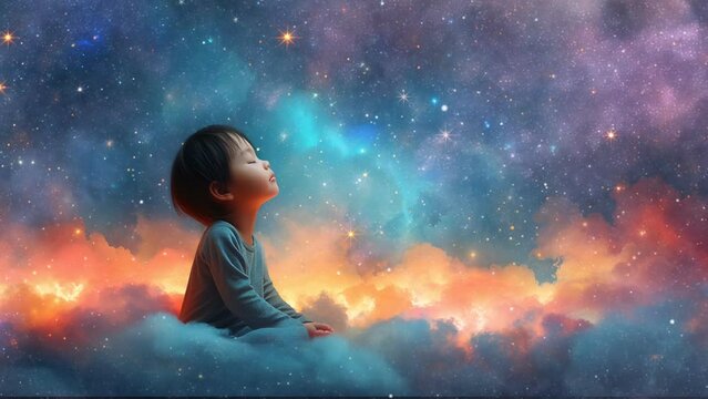Cute relaxing meditation baby or child on outer space and cloud background. Seamless loop lullaby animation