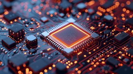 Fototapeta na wymiar closeup of an advanced GPU ram microchip or cpu of a powerful computer board for artificial intelligence technology as wide banner design with copy space area futuristic background , generative ai