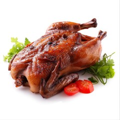 A roasted duck garnished with fresh herbs and tomatoes, presented on a white background.
