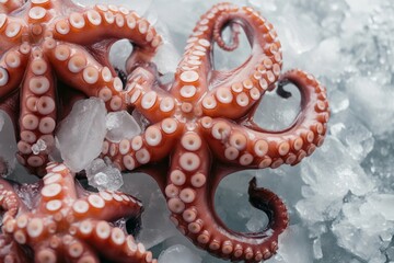 A whole fresh raw octopus on ice in the showcase. Seafood delicacies. Space for text