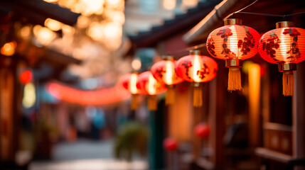 Chinese New Year or Lantern Festival with lanterns and plum elements in old town