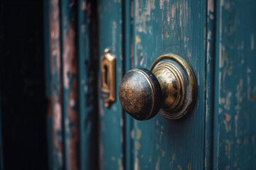 A rustic, brass, vintage doorknob with a brass lock on an old, weathered wooden door with lots of patina. - obrazy, fototapety, plakaty