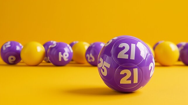 Purple lottery balls close up on pastel background with focus on lucky number 21