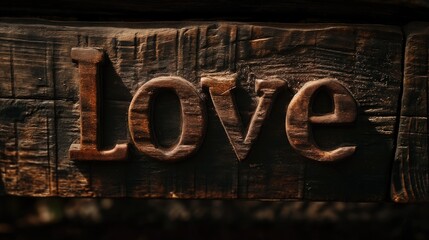 The word Love is carved on a wooden surface