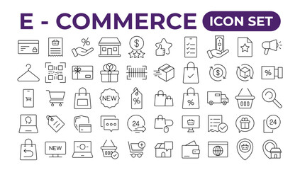 E-Commerce set of web icons in line style. Online shopping icons for web and mobile app. business, mobile shop, digital marketing, bank card, vector illustration.