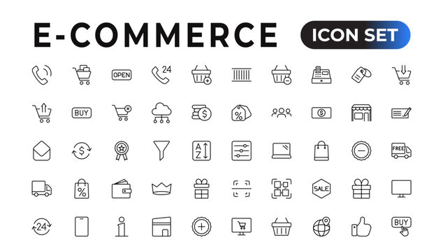 "E-Commerce set of web icons in line style. .Online shopping icons for web and mobile app. .Business, mobile shop, digital marketing, bank card, .gifts, sale, delivery. .Vector illustration"