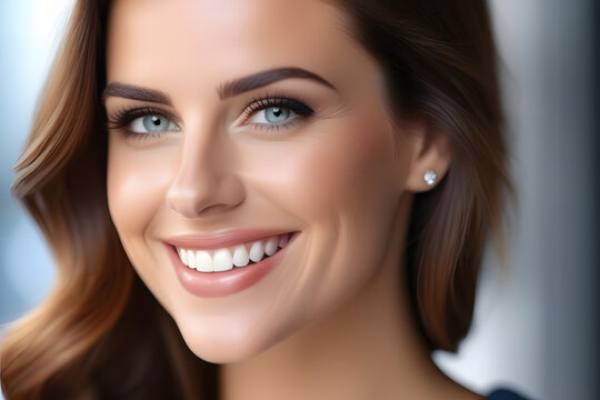 Portrait of a beautiful young woman with brown hair and blue eyes smiling wearing a diamond earring.