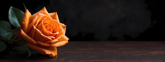 Mourning tangerine rose with copy space. Striking tangerine rose on a dark orange background with space for text.  - obrazy, fototapety, plakaty