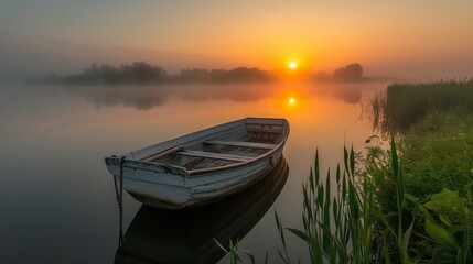 Tranquil dawn with serene reflections of a wooden boat on a calm lake, embracing nature s peace.