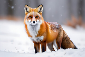 Obraz premium A majestic red fox stands in the snow, its fur glistening in the sunlight.