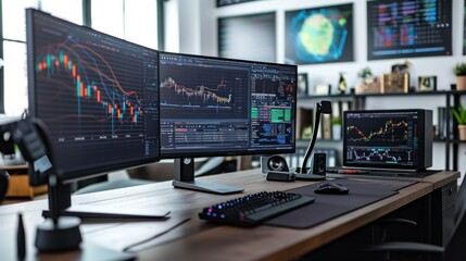 Fototapeta premium Computer monitors, laptop with trader charts on the desk. Trader workplace concept