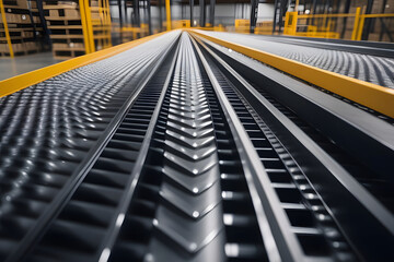 Fototapeta premium Black and Yellow Industrial Conveyor Belt System in Factory Warehouse for Logistics Transportation