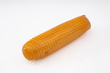 smoked cheese in shrink bag on white background 