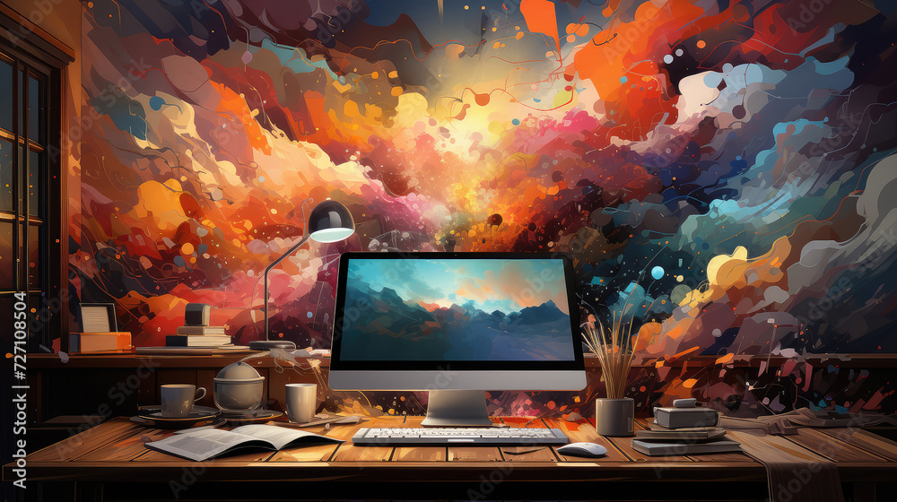 Leinwandbilder creativity concept. modern computer with multi colored background extreme closeup. generative ai
