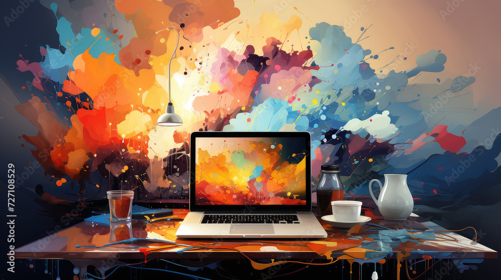 Fototapete creativity concept. modern computer with multi colored background extreme closeup. generative ai