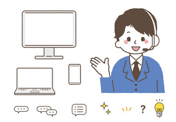 オペレーターをしている人物イラスト。コールセンターで電話対応している男性。