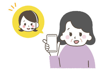 カスタマーセンターに問い合わせをする高齢者。笑顔で説明をするオペレーター。