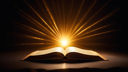 Old book on a black background, golden rays around the book, glow, lines, sparks