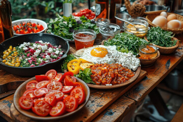 Obraz premium Hearty Breakfast of Fried Eggs and Tomatoes extreme closeup. Generative AI