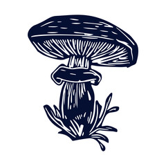 Handmade blockprint mushroom vector motif clipart in folkart scandi style. Simple monochrome linocut fungi shapes with naive rural lineart.