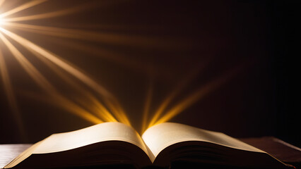 Old book on a black background, golden rays around the book, glow, lines, sparks
