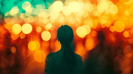 Amidst the blurred excitement of the gathering, a woman's social anxiety shines like a spotlight, illuminating her solitary struggle.