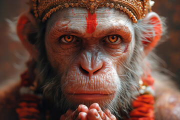 Happy Hanuman Jayanti Concept. Hindu God Hanuman extreme closeup. Generative AI - obrazy, fototapety, plakaty