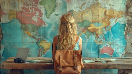 Female travelogue with map and laptop on table