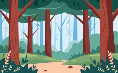 Vector illustration of a serene forest pathway, flanked by tall trees and lush greenery, ideal for nature-themed designs or backgrounds