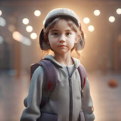 A little girl with a school backpack and cap against a blur background and lights